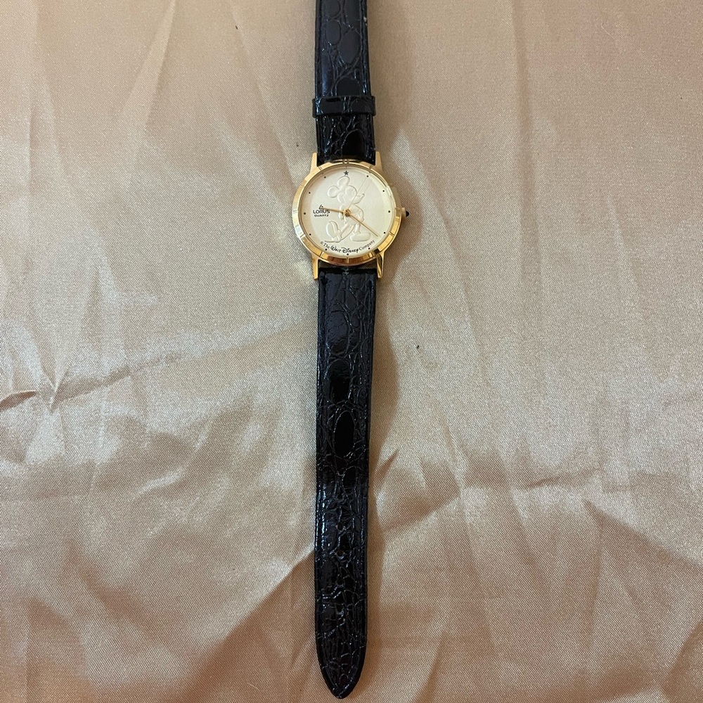 Classic Gold-Tone Women's Mickey Mouse Watch with Black Leather Strap